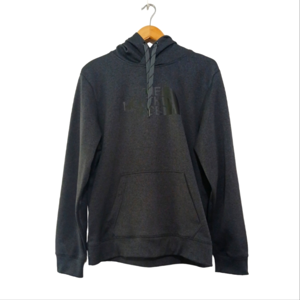 The North Face sz M Black Print On Dark Gray Pullover Hoodie Kangaroo Pocket